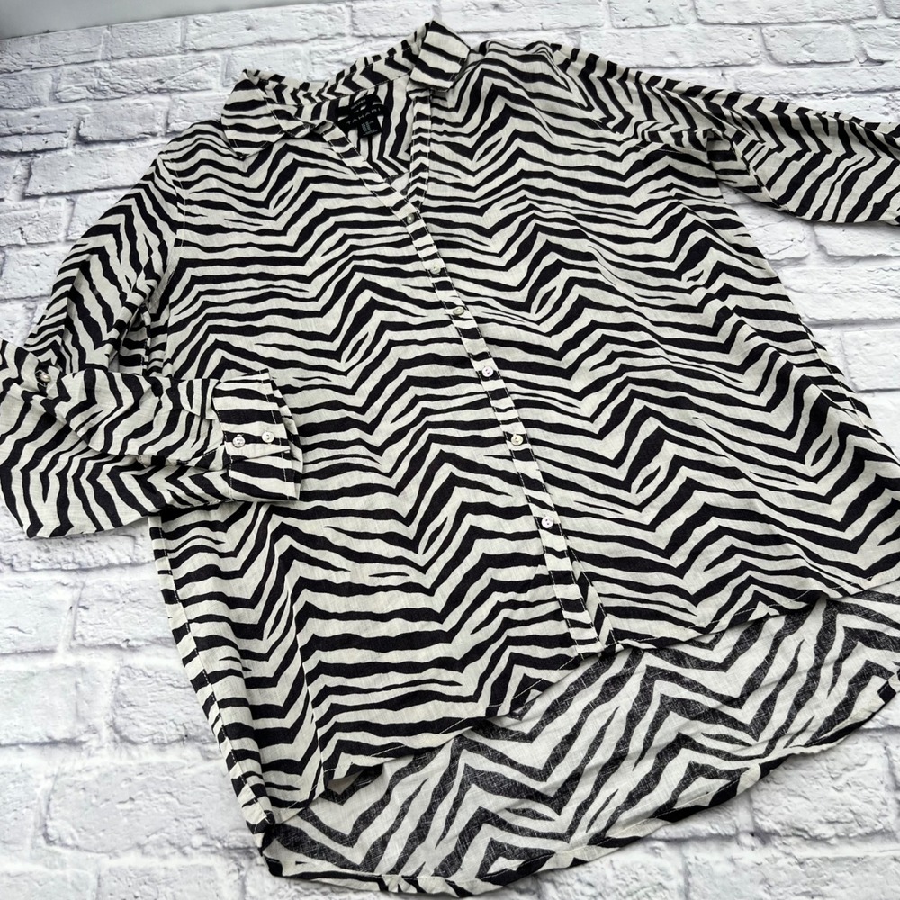 Tahari Women XL Zebra Stripe 100% Linen Button Up Shirt High Low Top Black White